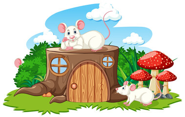 Stump house with white mouse cartoon style on white background