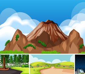 Four different scenes in nature setting cartoon style