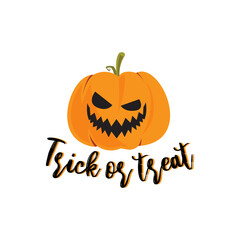 Vector - trick or treat vector illustration. Typography with Scary face halloween pumpkin isolated on white background, greeting card.