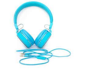 Blue pair of headphones on a white background