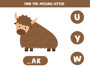 Find missing letter with cute cartoon yak.