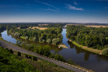 Naklejka premium The confluence of the Elbe and Vltava rivers near the town of Mělník. The Czech Republic.