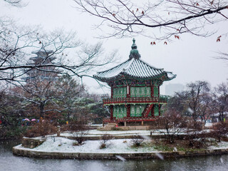 Snow in winter at jingfugong palace in Seoul, South Korea