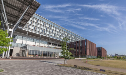 Ritsumeikan University Osaka Ibaraki Campus buildings and Iwakura park in Ibaraki, Osaka, Japan