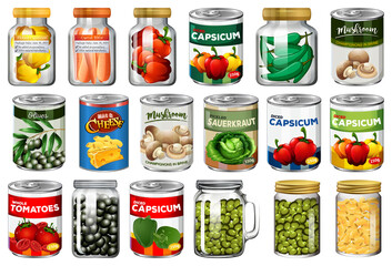 Set of different canned food and food in jars isolated
