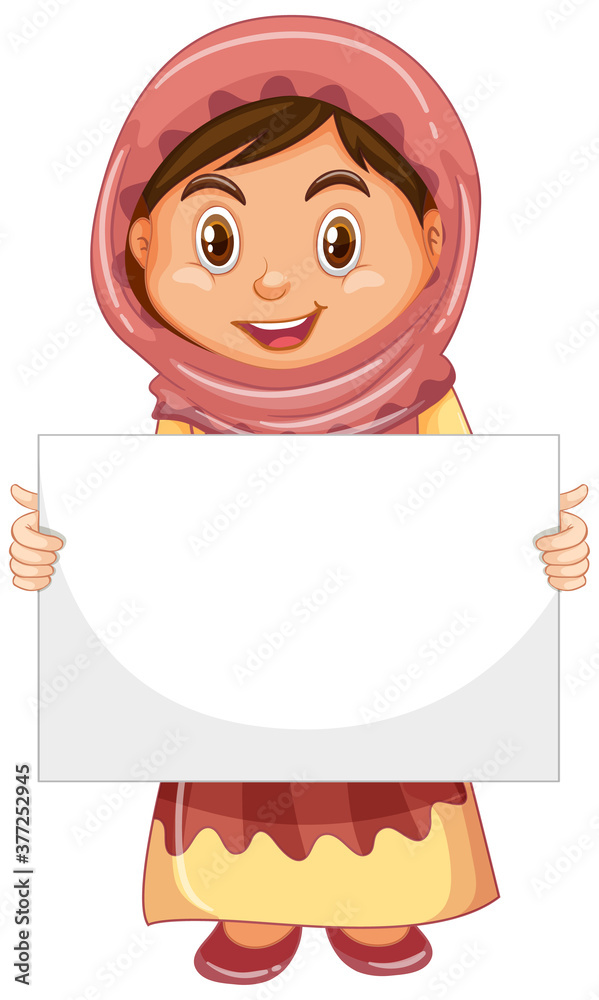 Poster Cute young girl cartoon character holding blank banner