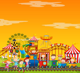Amusement park scene at daytime with blank yellow sky