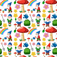 Seamless gnome and garden icon with rainbow in cartoon style