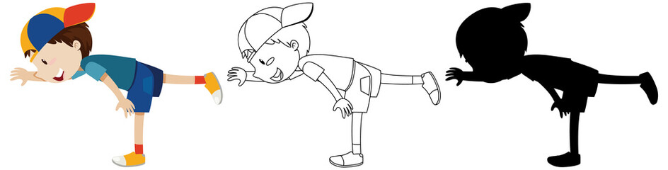 Boy exercising in colour and outline and silhouette