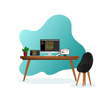 Premium programmer desktop illustration vector, flat design, simple and modern