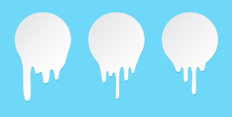 Melt drip stickers or circle milk labels. Vector liquid drops icons for graffiti blob stickers. White liquid or melted chocolate drips, milk, current paint.