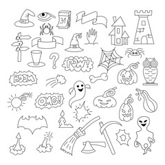 Doodle halloween set icon isolated on white. Hand drawing line art. Sketch vector stock illustration. EPS 10
