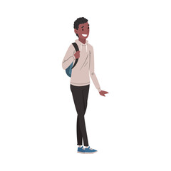 African American Guy in Casual Clothes Standing with Backpack, International College or University Student Character Vector Illustration