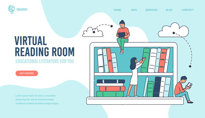 Virtual reading room and library banner cartoon vector illustration isolated.