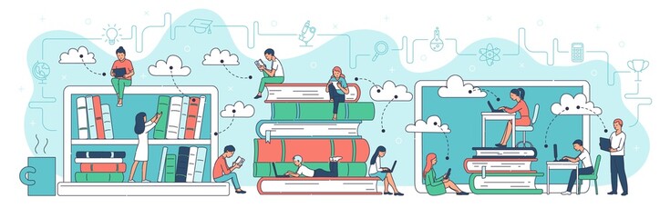 Virtual online library banner template cartoon vector illustration isolated.