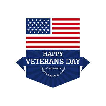 USA Veterans Day greeting card with brush stroke background in United States national flag colors and hand lettering text Happy Veterans Day. Vector illustration.