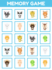 Memory game with cute set cartoon animals. Cards game find two two identical pictures. Kids activity page for book. Education developing worksheet. Logical thinking training. Vector stock illustration