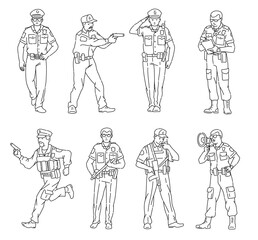 Black line male characters set of policemen sketch vector illustration isolated.