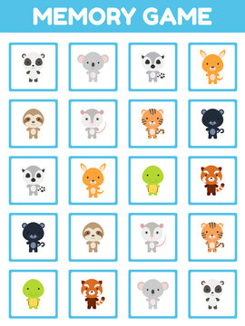 Memory game with cute set cartoon animals. Cards game find two two identical pictures. Kids activity page for book. Education developing worksheet. Logical thinking training. Vector stock illustration