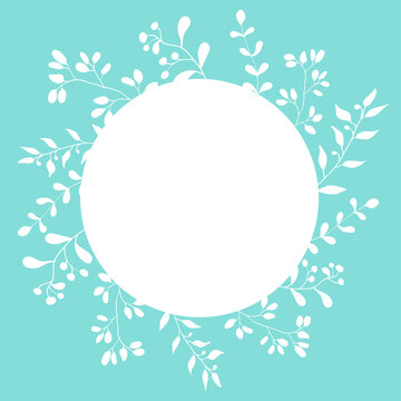Botanical card template with white circle and plant wreath on tiffany blue. Vector vintage floral frame template for wedding invitation, birthdays card, Mother's Day, Valentine's day.