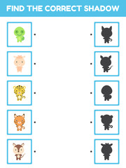 Game template find correct shadow. Matching game for children with cute cartoon animals. Kids activity page for book. Education developing worksheet. Logical thinking training. Vector illustration.
