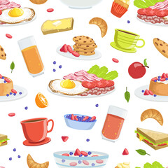 Breakfast Food Seamless Pattern, Tasty Morning Meal Dishes Design Element Can Be Used for Website, Cooking Book, Restaurant Menu, Wrapping Paper Vector Illustration
