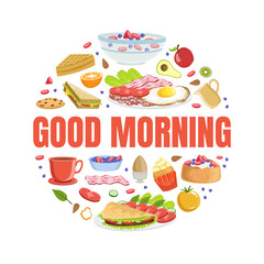 Good Morning Banner Template with Tasty Morning Meal Dishes of Round Shape Vector Illustration