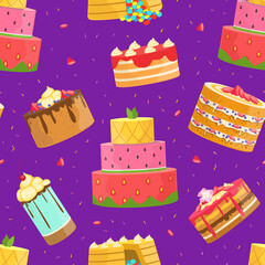 Sweet Desserts Seamless Pattern, Birthday Party, Holiday, Confectionery Design, Fabric, Wallpaper, Packaging, Background Cartoon Vector Illustration