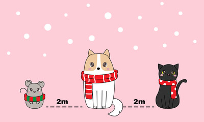 Cute animal social distancing in winter Christmas. Mouse, dog, and cat wearing scarf. Corona virus socialization. Flat vector illustration 