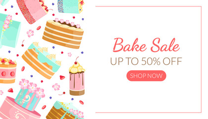 Bake Sale Landing Page Template with Tasty Cakes Pattern, Bakery Shop Sweet Desserts Special Offer, Cafe Menu Design Vector Illustration