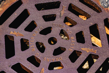 Storm drain grate provides a slotted diffused glimpse into the drain and carries a cautionary environmental message on its rust colored surface.