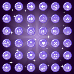 Buttons and icon set design for game or web theme is purple. Premium Vector illustration.