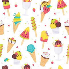 Summer seamless pattern with ice cream flat vector illustration on white.