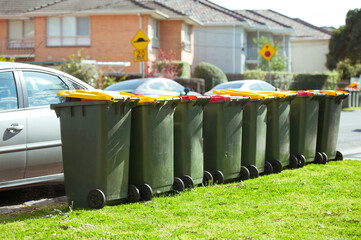 Recycling bin stands outdoor. Australia, Melbourne.