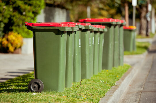 Recycling bin stands outdoor. Australia, Melbourne.