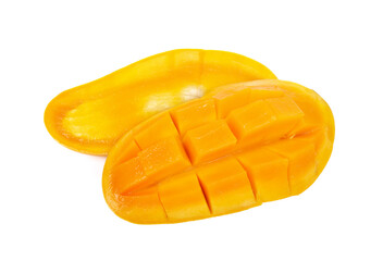 Ripe mangoes on a white background