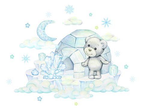 White bear stands against the background of ice and clouds. Watercolor concept on an isolated background. Winter picture drawn by hand, cartoon style.