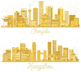 Hangzhou and Chengdu China City Skyline Silhouettes Set with Golden Buildings Isolated on White.