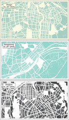 Gangneung, Daejeon and Daegu South Korea City Maps Set in Retro Style.