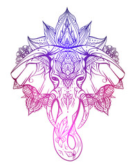 Contour gradient native elephant head with trunk, tusks and boho ornaments. Ganesha head with mandala. Vector color silhouette for tattoo, cards, banners and your creativity.