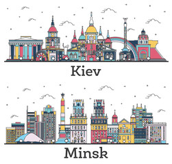 Outline Minsk Belarus and Kiev Ukraine City Skylines Set with Color Buildings Isolated on White.