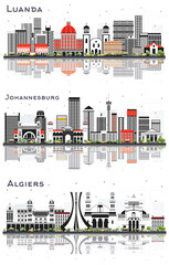 Algiers Algeria, Johannesburg South Africa and Luanda Angola City Skylines Set with Gray Buildings.