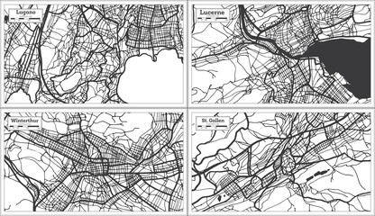 Winterthur, Lucerne, St. Gallen and Lugano Switzerland City Maps Set in Black and White Color.