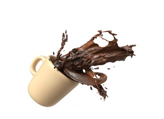 Liquid chocolate with splash in a cup/mug. Isolated on white background. 3D illustration.