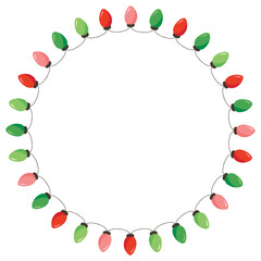 Vector Retro Colorful Holiday Christmas and New Year String Lights Isolated Round Frame on White Background. Winter Holiday Circular Decorative Element Perfect for Invitations, Postcards, Banners