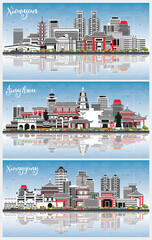 Xiangyang, Jingzhou and Xiaogan China City Skylines Set with Color Buildings, Blue Sky and Reflections.