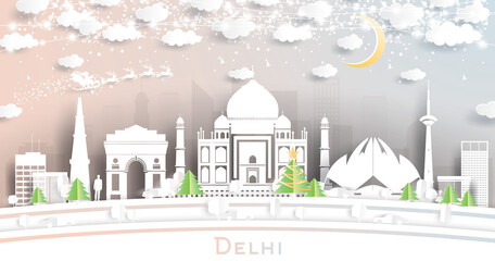Delhi India City Skyline in Paper Cut Style with Snowflakes, Moon and Neon Garland.
