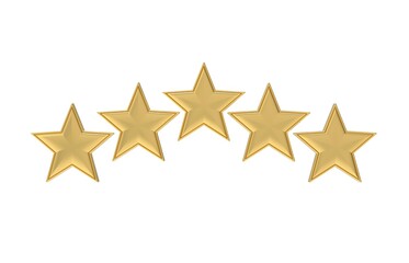 Five golden stars. Golden five star review or rating. 3D illustration.