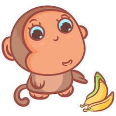 Little monkey cartoon with ripe bananas scene vector on a white background