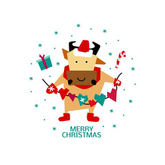 Vector illustration on the theme of the New Year. Bull picture with festive details with the inscription merry christmas. For a postcard, for a congratulation, a poster, a sticker.